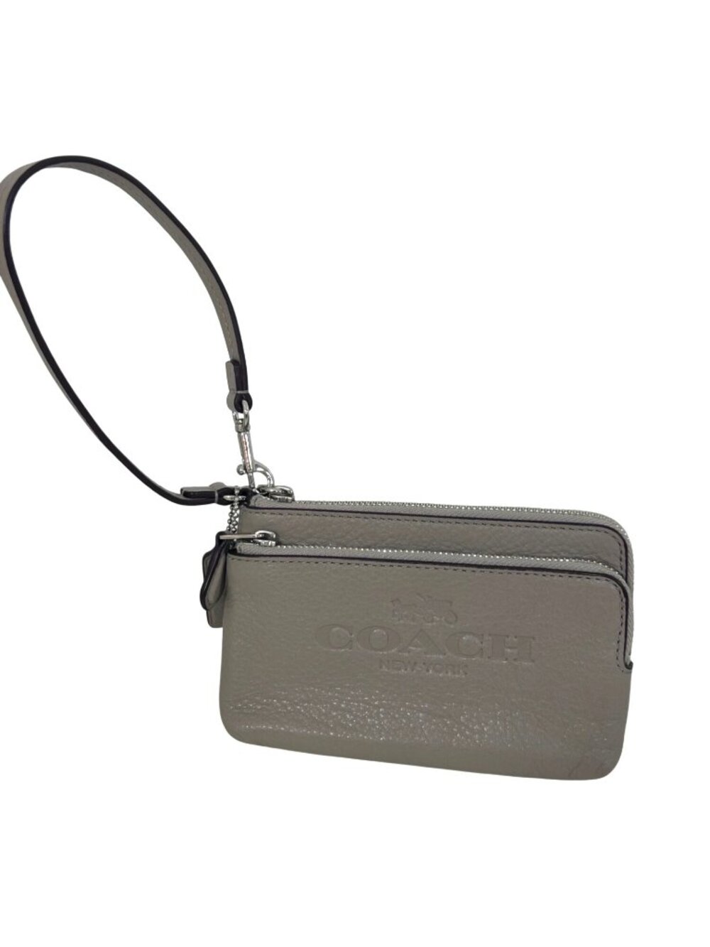 Coach New York Wristlet Clutch Purse Taupe Pebbled Leather Corner Zip Logo Charm